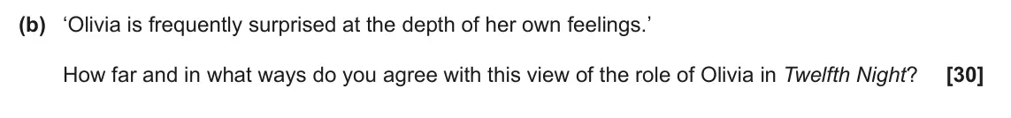 June 2025 AS Component 1, question 6(b): ‘Olivia is frequently surprised at the depth of her own feelings.’ How far and in what ways do you agree with this view of the role of Olivia in Twelfth Night?