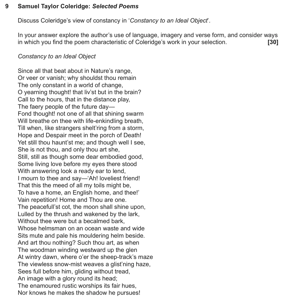 June 2025 AS Component 1, question 9: Samuel Taylor Coleridge: Selected Poems Discuss Coleridge’s view of constancy in ‘Constancy to an Ideal Object’. In your answer explore the author’s use of lang
