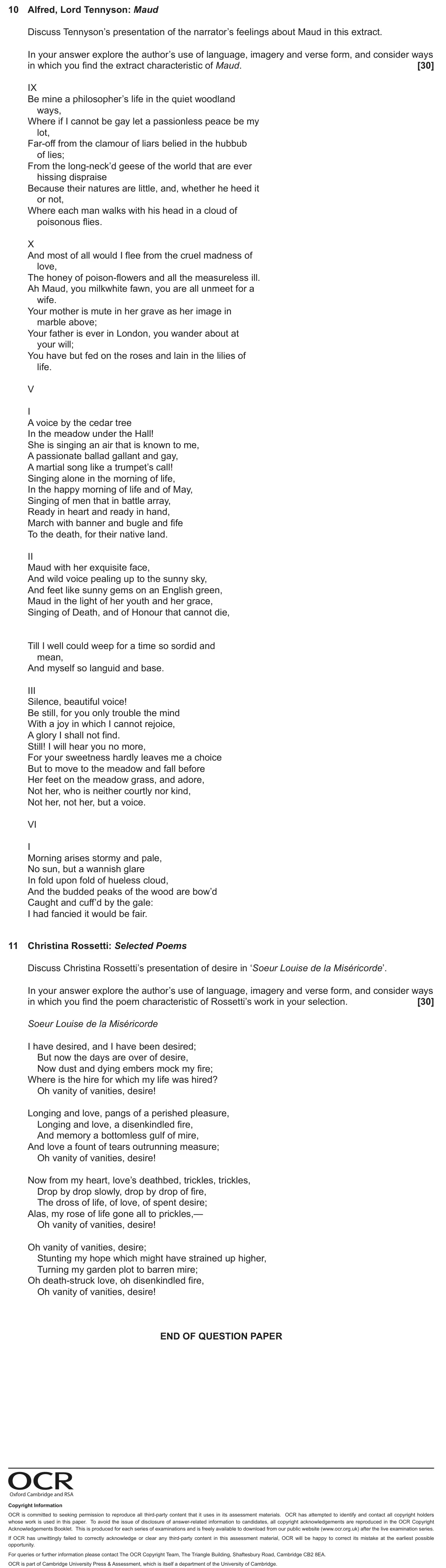 June 2025 AS Component 1, question 10: Alfred, Lord Tennyson: Maud Discuss Tennyson’s presentation of the narrator’s feelings about Maud in this extract. In your answer explore the author’s use of la