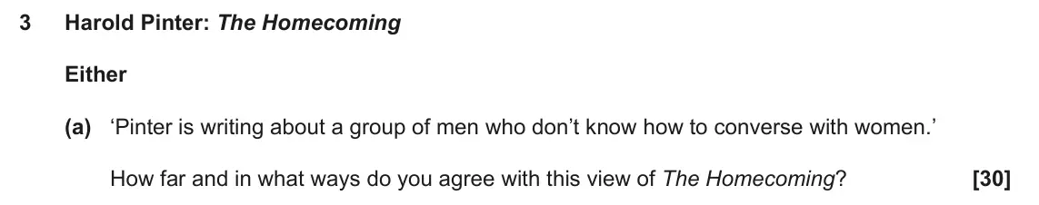 June 2022 AS Component 2, question 3(a): ‘Pinter is writing about a group of men who don’t know how to converse with women.’ How far and in what ways do you agree with this view of The Homecoming?
