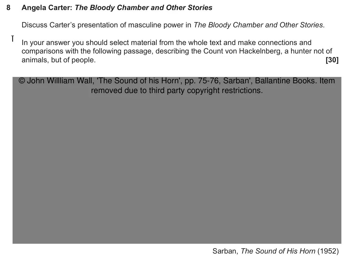 June 2022 AS Component 2, question 8: Angela Carter: The Bloody Chamber and Other Stories Discuss Carter’s presentation of masculine power in The Bloody Chamber and Other Stories. In your answer you