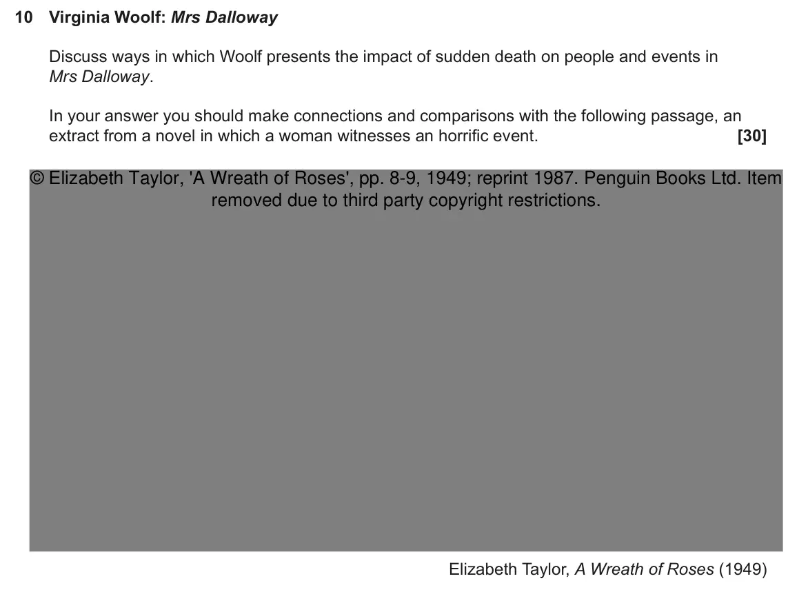 June 2022 AS Component 2, question 10: Virginia Woolf: Mrs Dalloway Discuss ways in which Woolf presents the impact of sudden death on people and events in Mrs Dalloway. In your answer you should mak