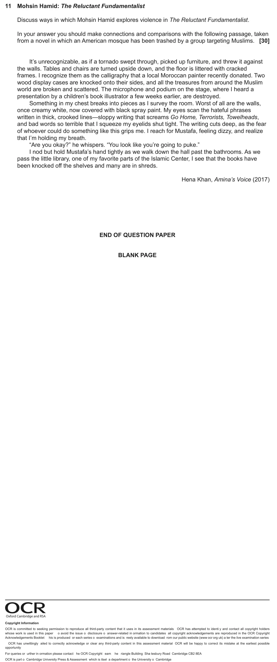 June 2022 AS Component 2, question 11: Mohsin Hamid: The Reluctant Fundamentalist Discuss ways in which Mohsin Hamid explores violence in The Reluctant Fundamentalist. In your answer you should make 