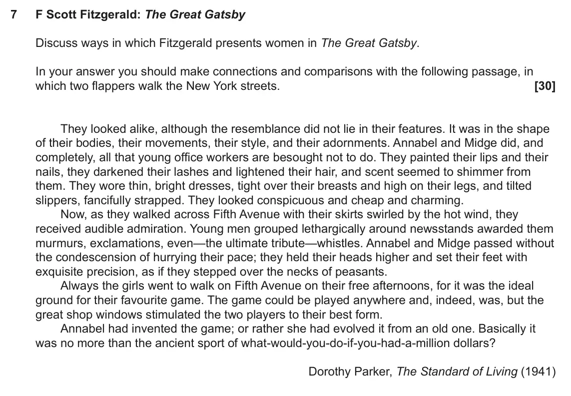 June 2023 AS Component 2, question 7: F Scott Fitzgerald: The Great Gatsby Discuss ways in which Fitzgerald presents women in The Great Gatsby. In your answer you should make connections and compari