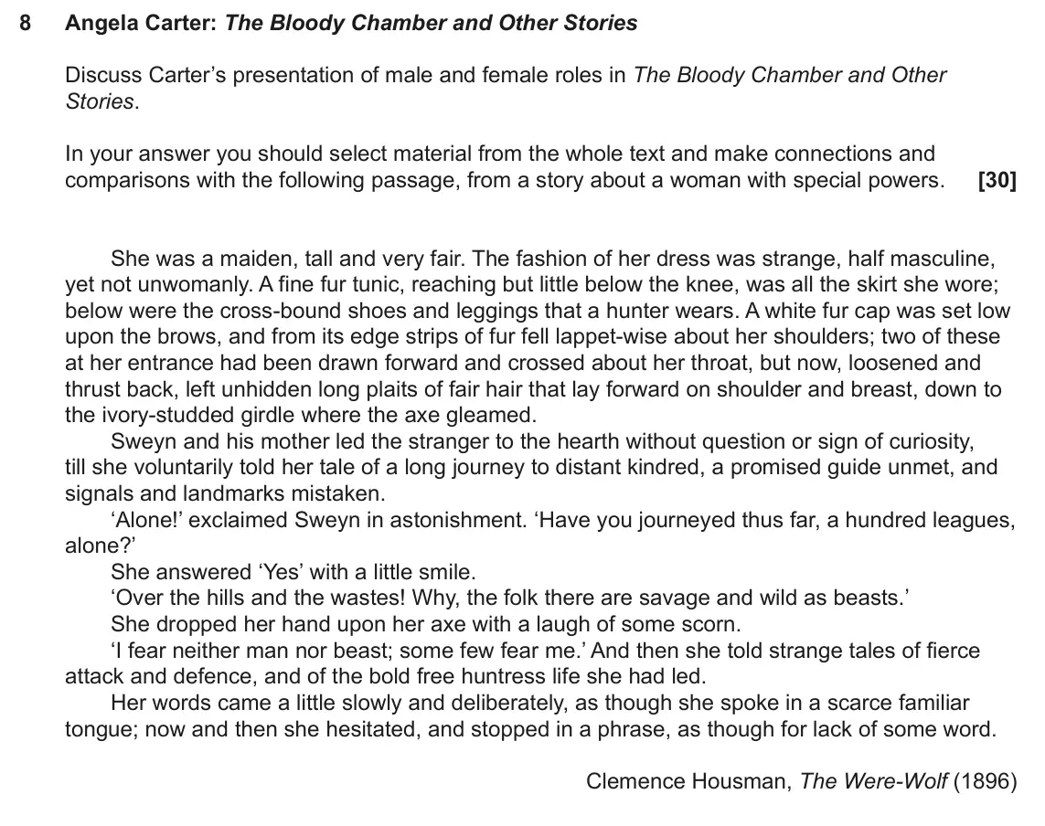 June 2023 AS Component 2, question 8: Angela Carter: The Bloody Chamber and Other Stories Discuss Carter’s presentation of male and female roles in The Bloody Chamber and Other Stories. In your answ