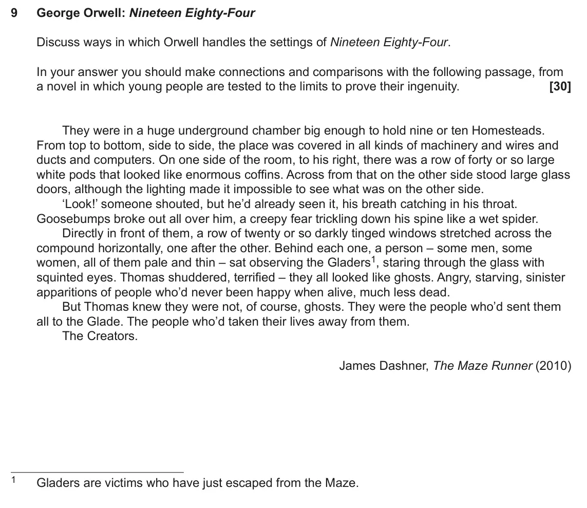 June 2023 AS Component 2, question 9: George Orwell: Nineteen Eighty-Four Discuss ways in which Orwell handles the settings of Nineteen Eighty-Four. In your answer you should make connections and co