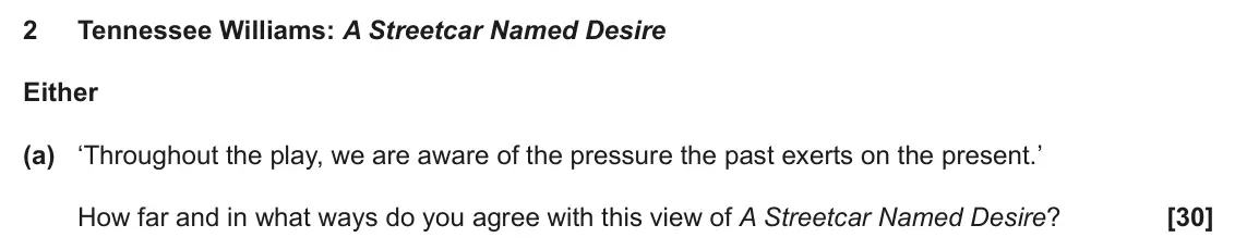 June 2024 AS Component 2, question 2(a): ‘Throughout the play, we are aware of the pressure the past exerts on the present.’ How far and in what ways do you agree with this view of A Streetcar Named De