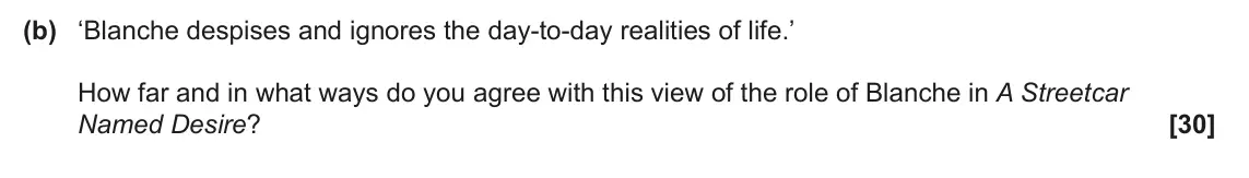 June 2024 AS Component 2, question 2(b): ‘Blanche despises and ignores the day‑to‑day realities of life.’ How far and in what ways do you agree with this view of the role of Blanche in A Streetcar Name