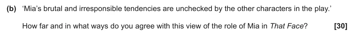 June 2024 AS Component 2, question 5(b): ‘Mia’s brutal and irresponsible tendencies are unchecked by the other characters in the play.’ How far and in what ways do you agree with this view of the role 