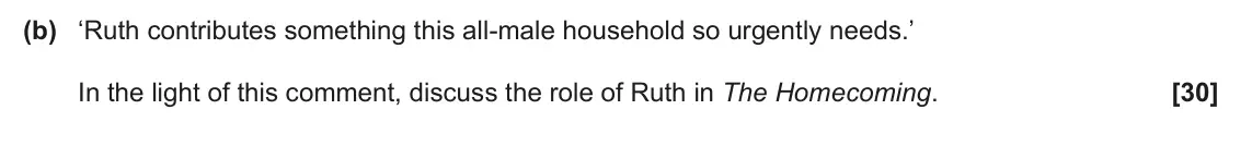 June 2025 AS Component 2, question 3(b): ‘Ruth contributes something this all-male household so urgently needs.’ In the light of this comment, discuss the role of Ruth in The Homecoming.