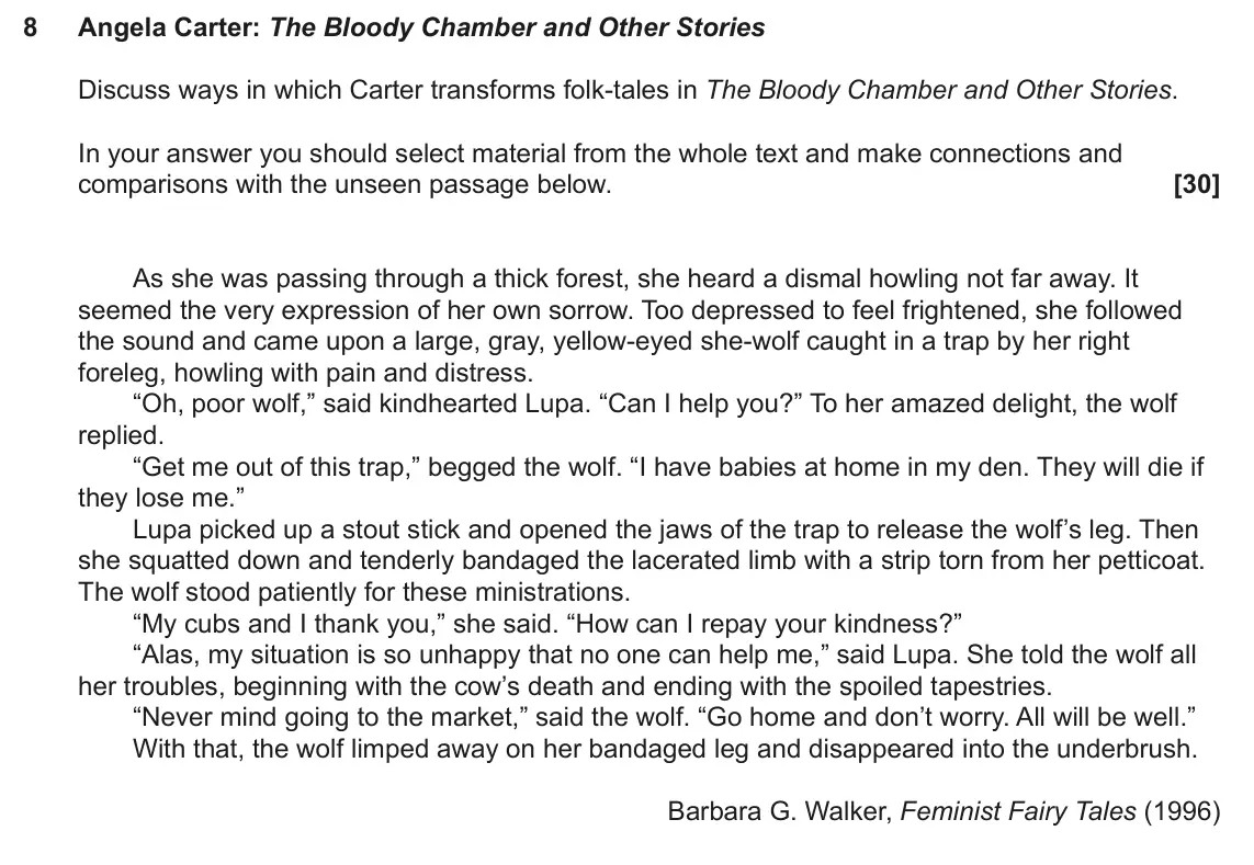 June 2025 AS Component 2, question 8: Angela Carter: The Bloody Chamber and Other Stories Discuss ways in which Carter transforms folk-tales in The Bloody Chamber and Other Stories. In your answer y