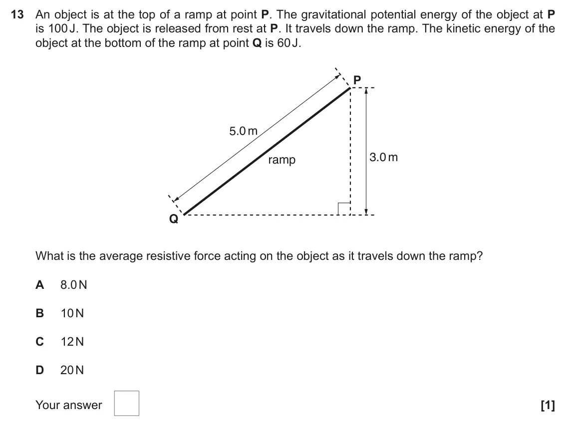 June 2017 AS Paper 1, question 13: An object is at the top of a ramp at point P. The gravitational potential energy of the object at P is 100 J. The object is released from rest at P. It travels 