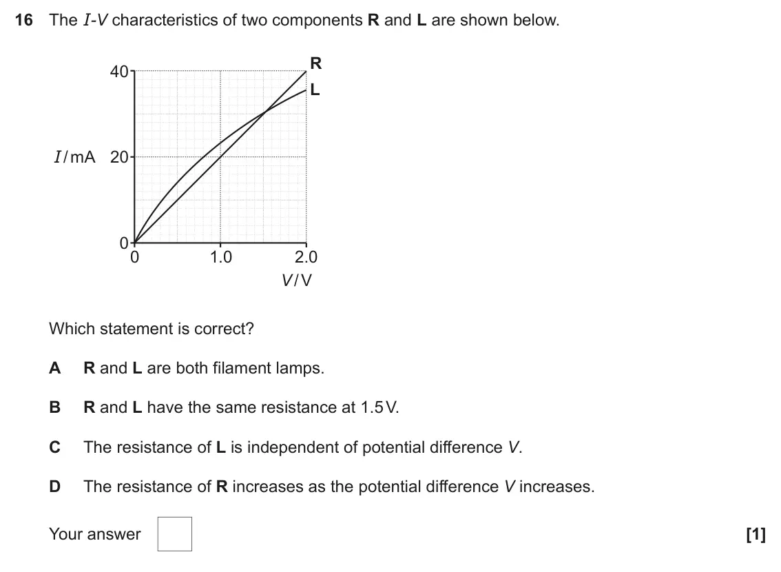 June 2022 AS Paper 1, question 16: The I-V characteristics of two components R and L are shown below. R 40 L I / mA 20 0 0 1.0 2.0 V / V Which statement is correct? A R and L are both filament la