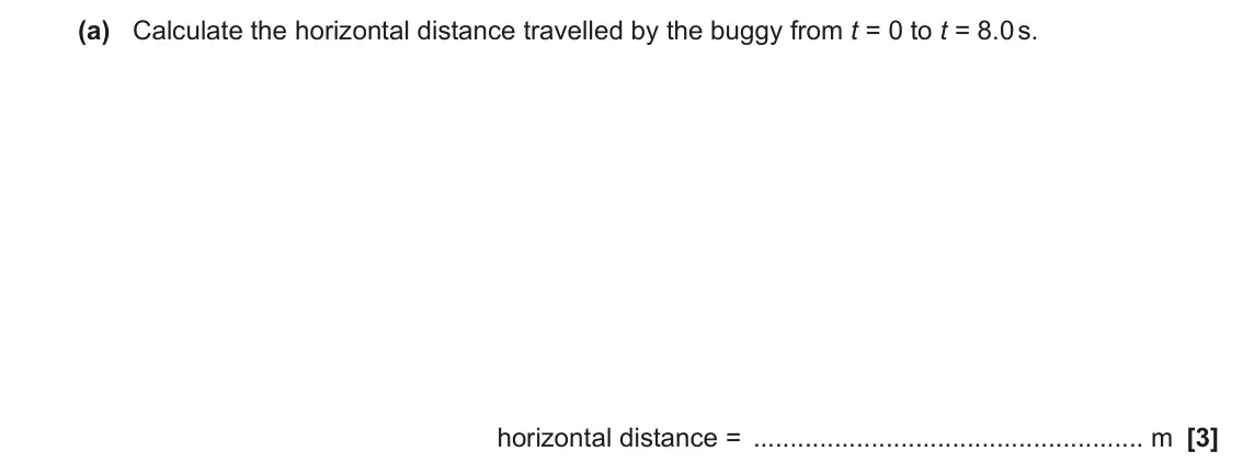 June 2022 AS Paper 1, question 21(a): Calculate the horizontal distance travelled by the buggy from t = 0 to t = 8.0 s. horizontal distance = m [3]