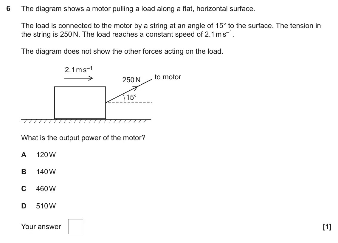 June 2023 AS Paper 1, question 6: The diagram shows a motor pulling a load along a flat, horizontal surface. The load is connected to the motor by a string at an angle of 15° to the surface. The