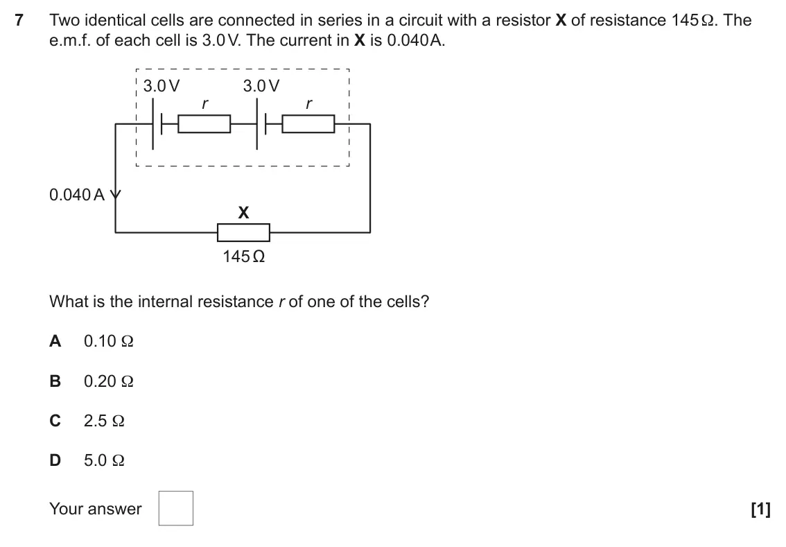 June 2023 AS Paper 1, question 7: Two identical cells are connected in series in a circuit with a resistor X of resistance 145 Ω. The e.m.f. of each cell is 3.0 V. The current in X is 0.040 A. 3