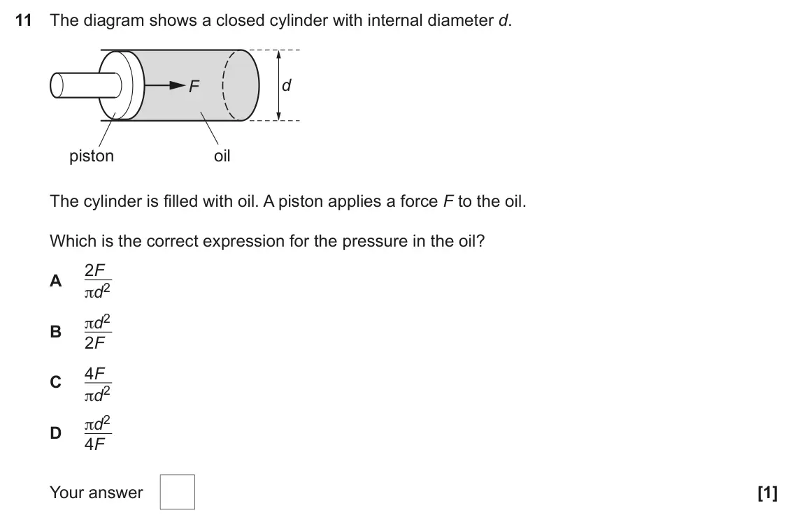 June 2023 AS Paper 1, question 11: The diagram shows a closed cylinder with internal diameter d. d F piston oil The cylinder is filled with oil. A piston applies a force F to the oil. Which is th
