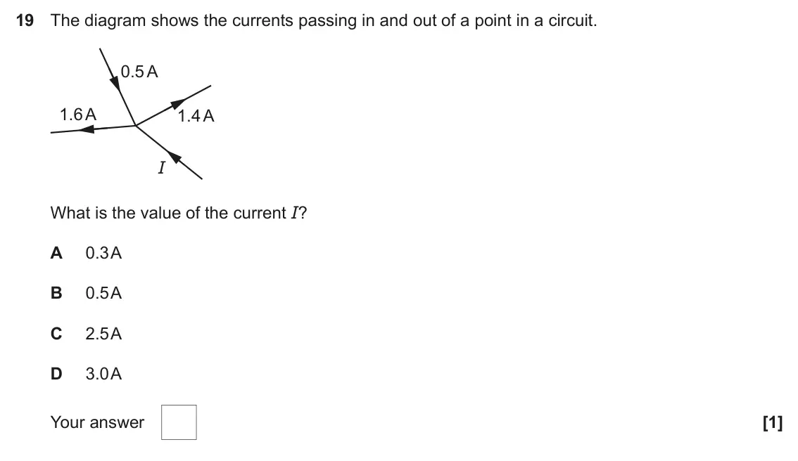 June 2023 AS Paper 1, question 19: The diagram shows the currents passing in and out of a point in a circuit. 0.5 A 1.6 A 1.4 A I What is the value of the current I? A 0.3 A B 0.5 A C 2.5 A D 3.0