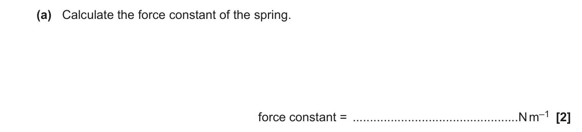 June 2023 AS Paper 1, question 21(a): Calculate the force constant of the spring. force constant = N m–1 [2]