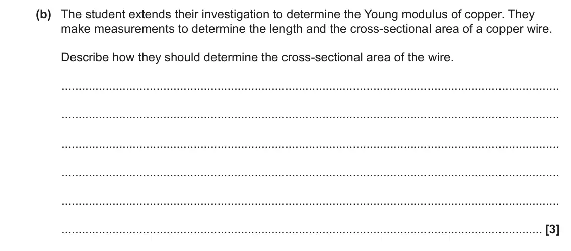 June 2023 AS Paper 1, question 21(b): The student extends their investigation to determine the Young modulus of copper. They make measurements to determine the length and the cross-sectional area of
