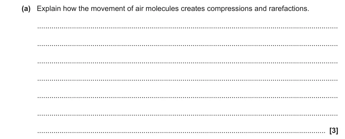 June 2023 AS Paper 1, question 22(a): Explain how the movement of air molecules creates compressions and rarefactions. [3]