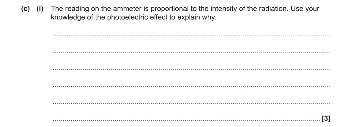 June 2023 AS Paper 1, question 23(c)(i): The reading on the ammeter is proportional to the intensity of the radiation. Use your knowledge of the photoelectric effect to explain why. [3]