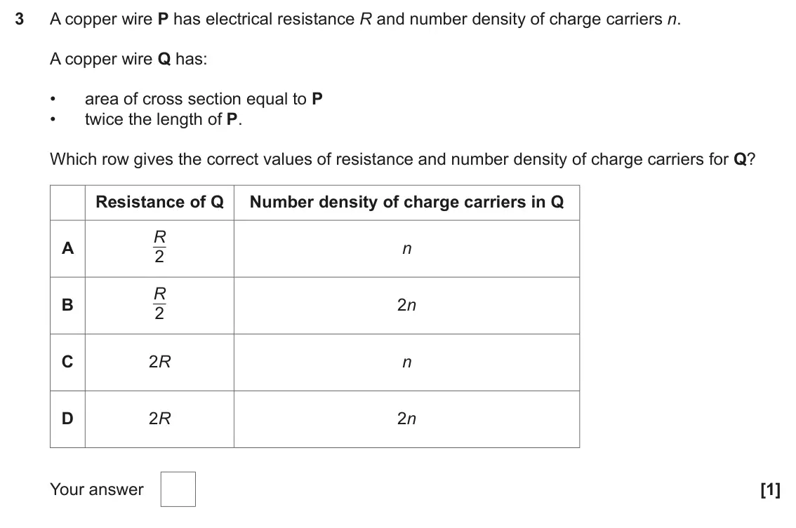 June 2024 AS Paper 1, question 3: A copper wire P has electrical resistance R and number density of charge carriers n. A copper wire Q has: • area of cross section equal to P • twice the length 