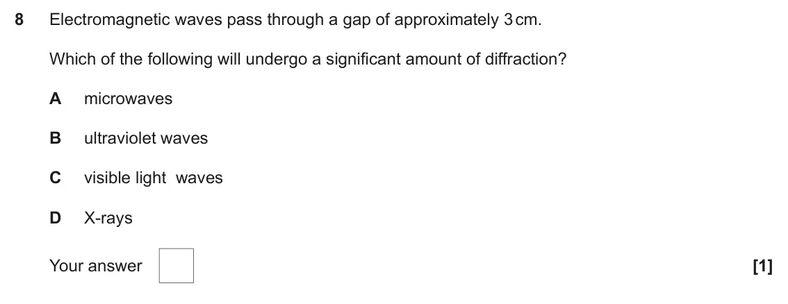 June 2024 AS Paper 1, question 8: Electromagnetic waves pass through a gap of approximately 3 cm. Which of the following will undergo a significant amount of diffraction? A microwaves B ultravio