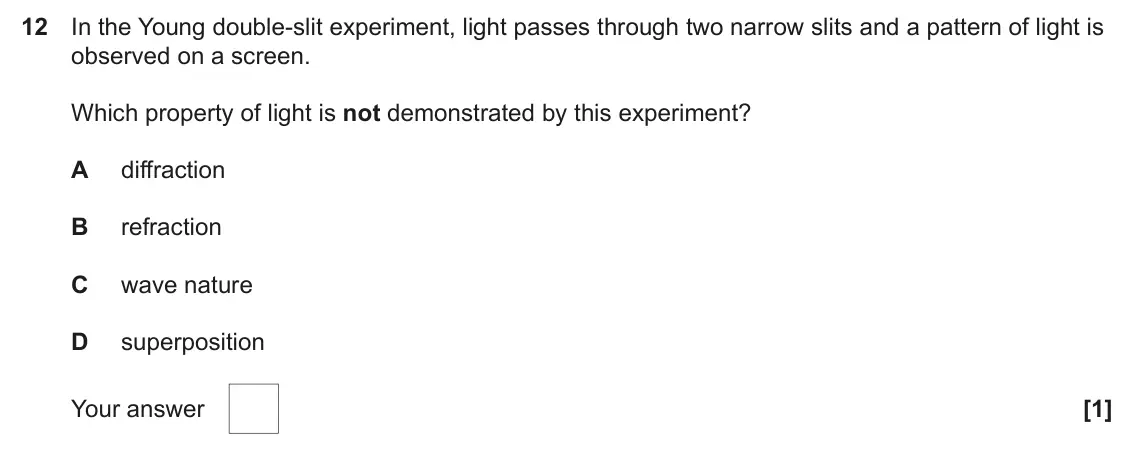 June 2024 AS Paper 1, question 12: In the Young double-slit experiment, light passes through two narrow slits and a pattern of light is observed on a screen. Which property of light is not demons