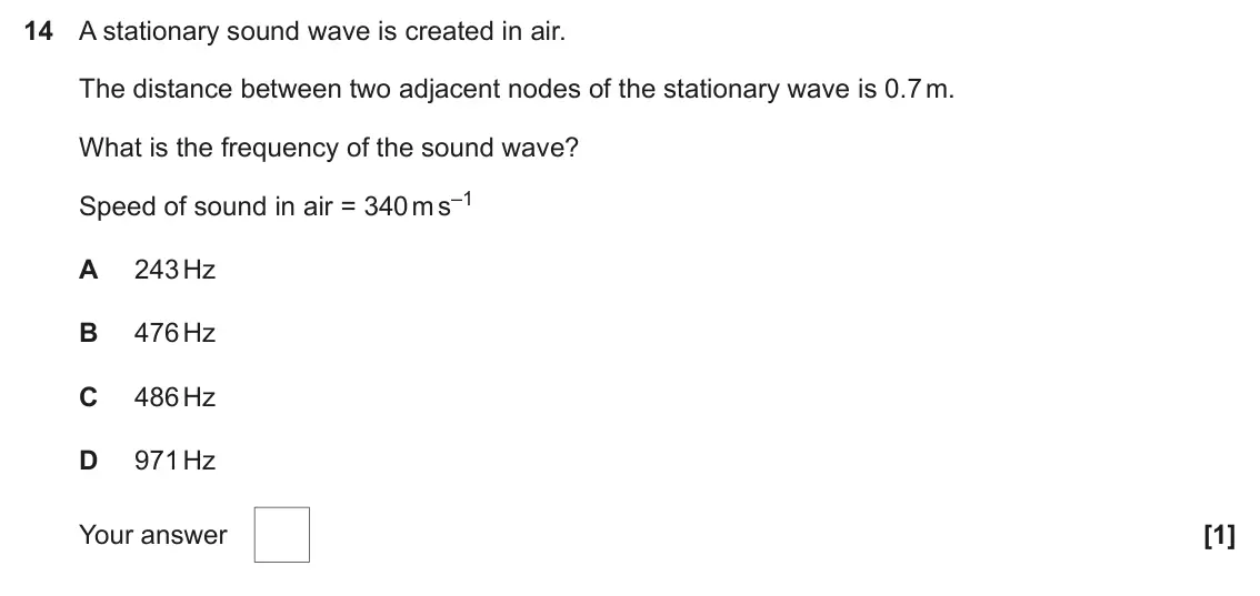 June 2024 AS Paper 1, question 14: A stationary sound wave is created in air. The distance between two adjacent nodes of the stationary wave is 0.7 m. What is the frequency of the sound wave? Spe