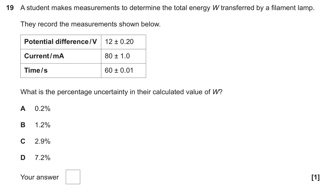 June 2024 AS Paper 1, question 19: A student makes measurements to determine the total energy W transferred by a filament lamp. They record the measurements shown below. Potential difference / V