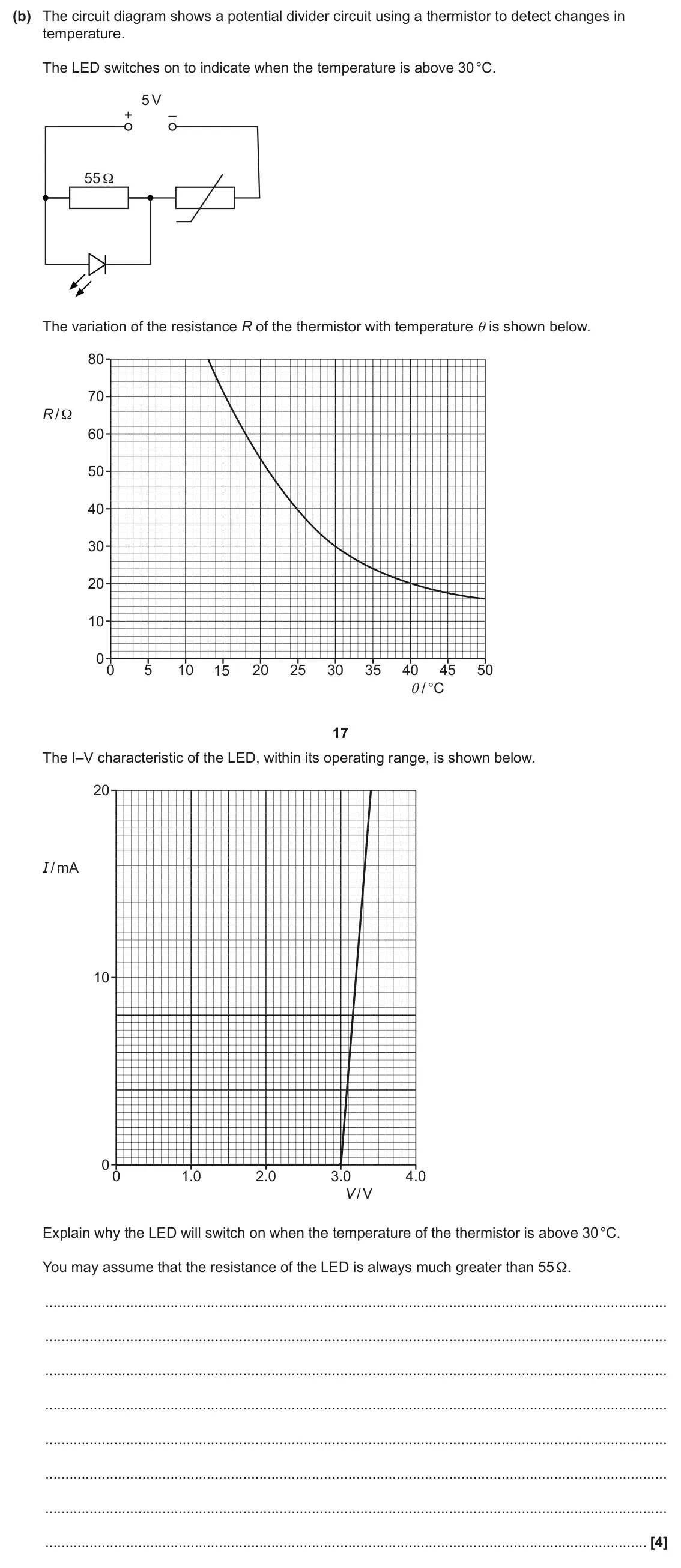 June 2024 AS Paper 1, question 23(b): The circuit diagram shows a potential divider circuit using a thermistor to detect changes in temperature. The LED switches on to indicate when the temperature