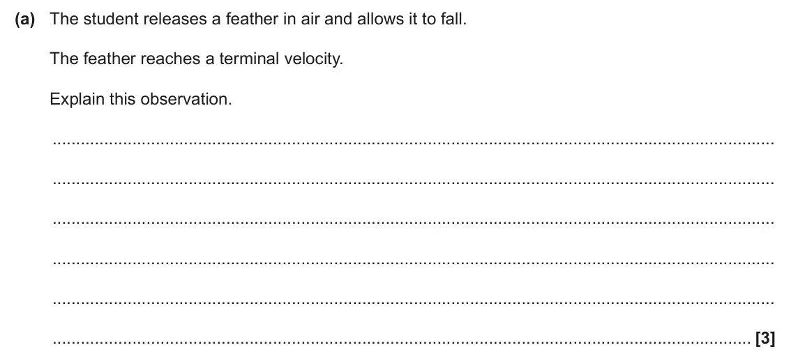 June 2024 AS Paper 1, question 24(a): The student releases a feather in air and allows it to fall. The feather reaches a terminal velocity. Explain this observation. [3]