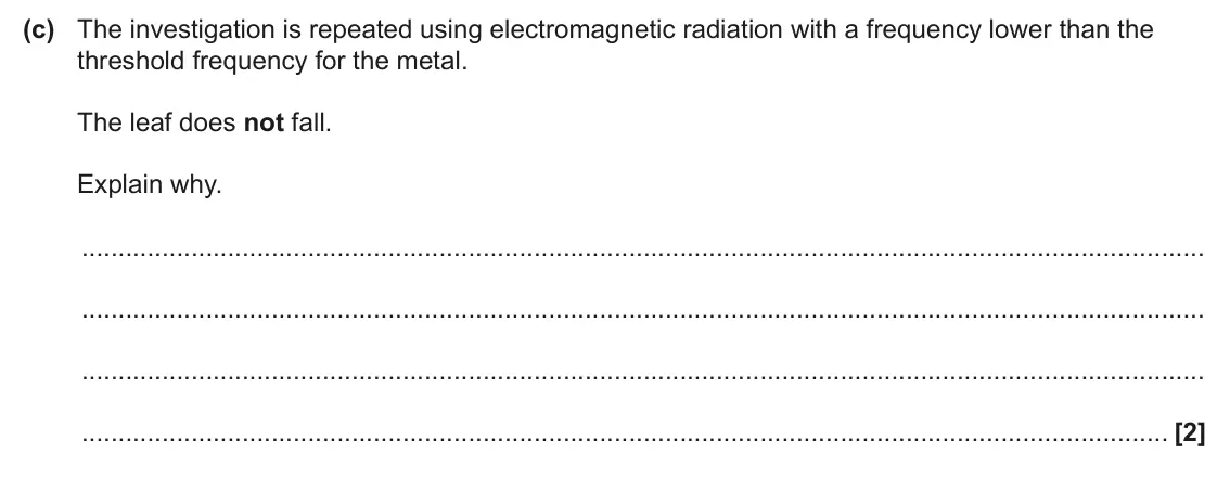 June 2024 AS Paper 1, question 25(c): The investigation is repeated using electromagnetic radiation with a frequency lower than the threshold frequency for the metal. The leaf does not fall. Explain