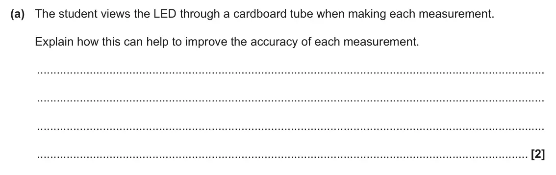 June 2024 AS Paper 1, question 26(a): The student views the LED through a cardboard tube when making each measurement. Explain how this can help to improve the accuracy of each measurement. [2]