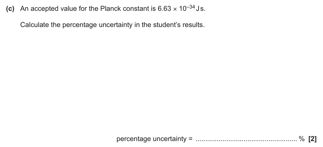 June 2024 AS Paper 1, question 26(c): An accepted value for the Planck constant is 6.63 × 10–34 J s. Calculate the percentage uncertainty in the student’s results. percentage uncertainty = % [2]