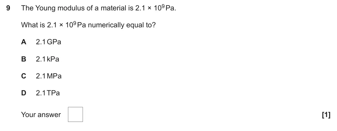 June 2025 AS Paper 1, question 9: The Young modulus of a material is 2.1 × 109 Pa. 9 What is 2.1 × 109 Pa numerically equal to? A 2.1 GPa B 2.1 kPa C 2.1 MPa D 2.1 TPa Your answer [1]