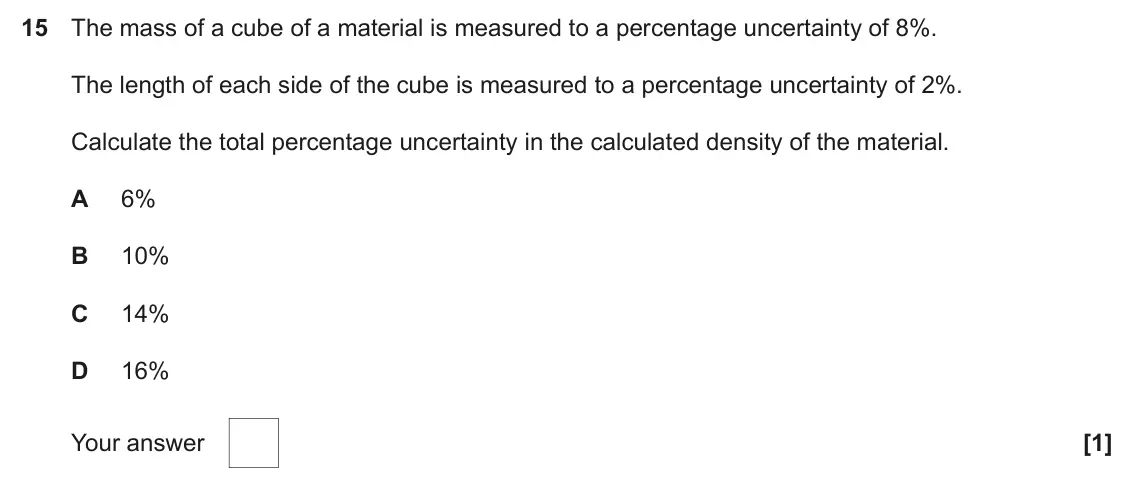June 2025 AS Paper 1, question 15: The mass of a cube of a material is measured to a percentage uncertainty of 8%. The length of each side of the cube is measured to a percentage uncertainty of 2