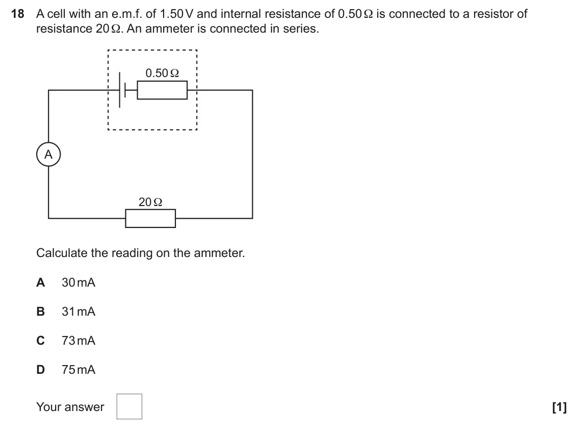 June 2025 AS Paper 1, question 18: A cell with an e.m.f. of 1.50 V and internal resistance of 0.50 Ω is connected to a resistor of resistance 20 Ω. An ammeter is connected in series. 0.50Ω A 20Ω