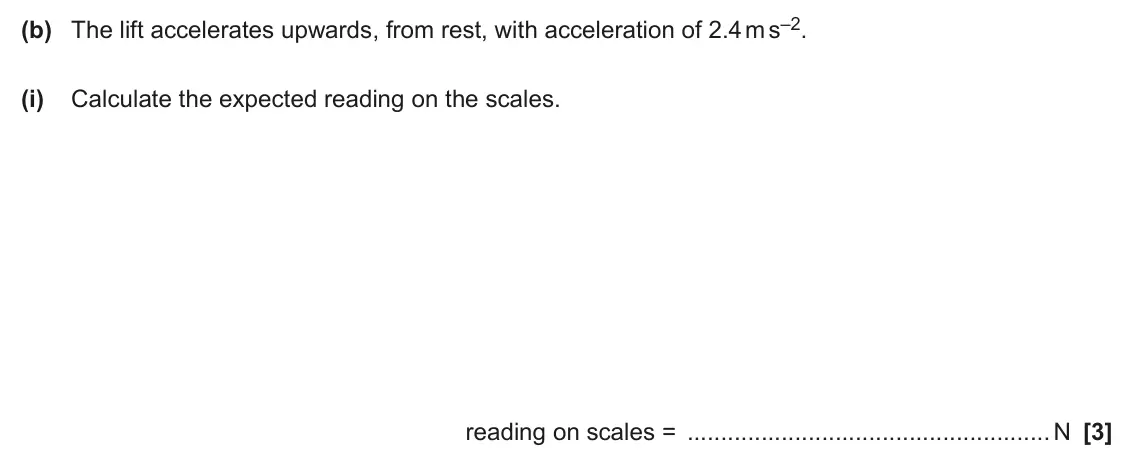 June 2025 AS Paper 1, question 21(b)(i): Calculate the expected reading on the scales. reading on scales = N [3]