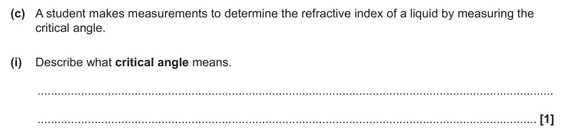 June 2025 AS Paper 1, question 22(c)(i): Describe what critical angle means. [1]