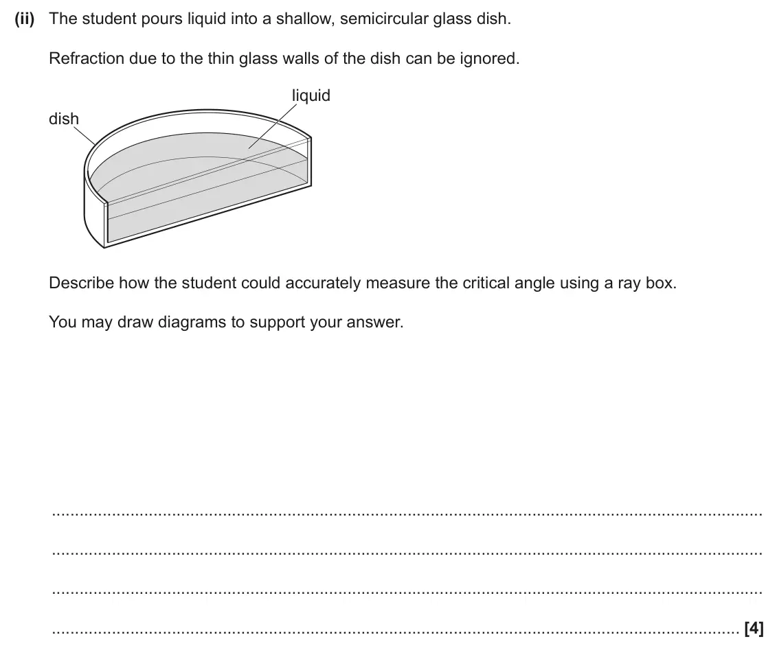 June 2025 AS Paper 1, question 22(c)(ii): The student pours liquid into a shallow, semicircular glass dish. Refraction due to the thin glass walls of the dish can be ignored. liquid dish Describe how th