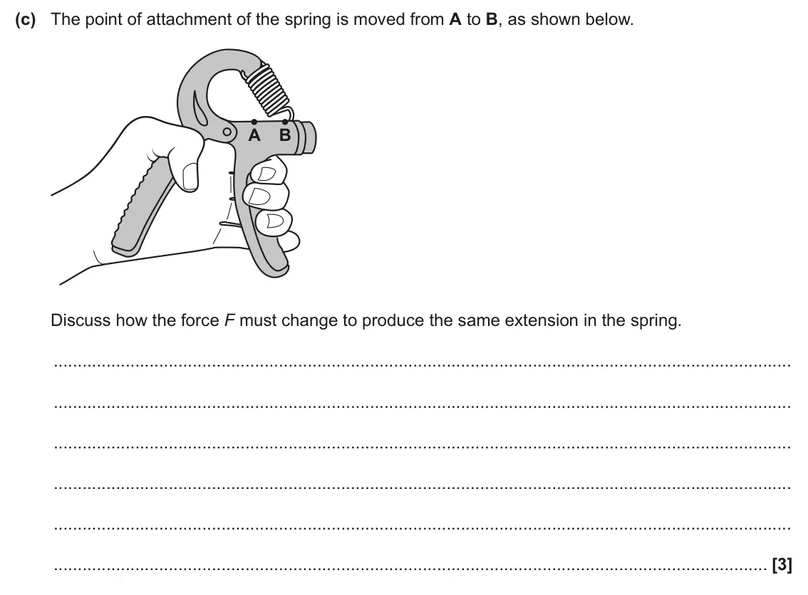 June 2025 AS Paper 1, question 24(c): The point of attachment of the spring is moved from A to B, as shown below. A B Discuss how the force F must change to produce the same extension in the spring.