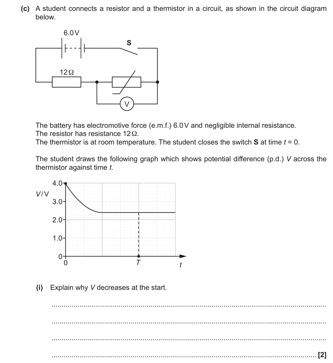 November 2021 AS Paper 1, question 23(c)(i): Explain why V decreases at the start. [2]