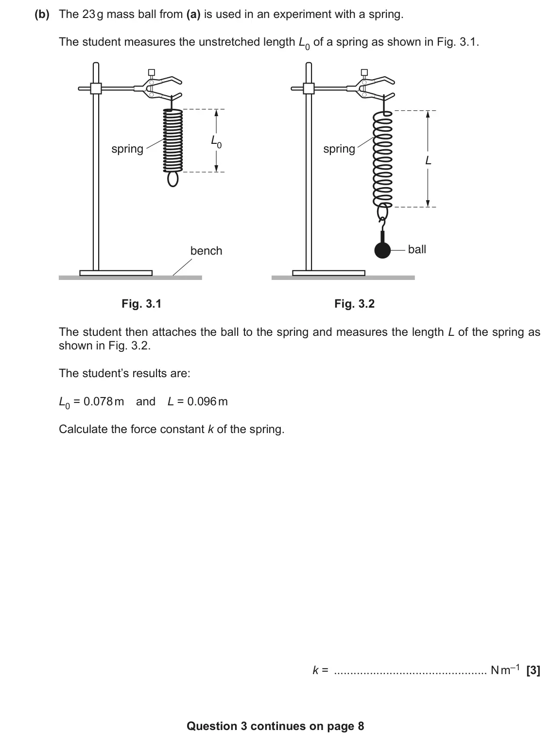 June 2019 AS Paper 2, question 3(b): The 23 g mass ball from (a) is used in an experiment with a spring. The student measures the unstretched length L0 of a spring as shown in Fig. 3.1. L0 spring s