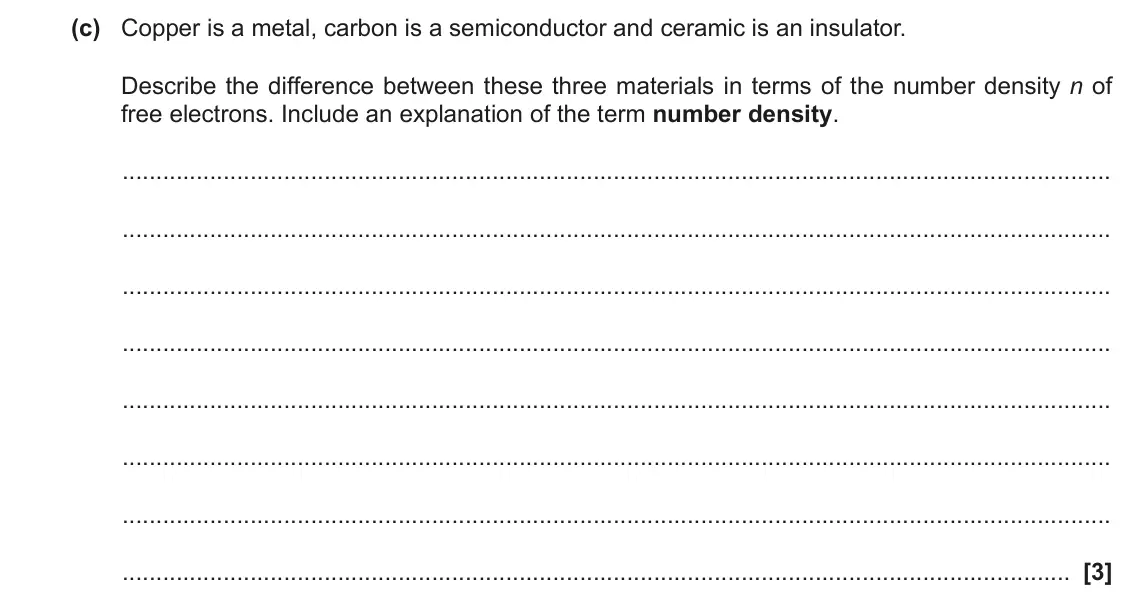 June 2019 AS Paper 2, question 4(c): Copper is a metal, carbon is a semiconductor and ceramic is an insulator. Describe the difference between these three materials in terms of the number density n