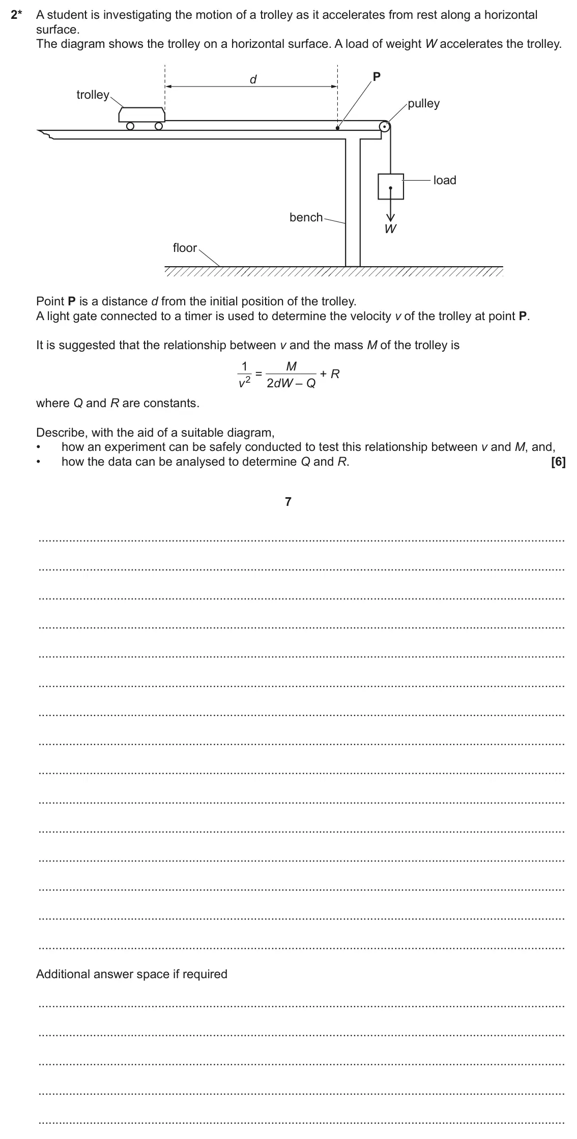 June 2022 AS Paper 2, question 2: 2* A student is investigating the motion of a trolley as it accelerates from rest along a horizontal surface. The diagram shows the trolley on a horizontal surf