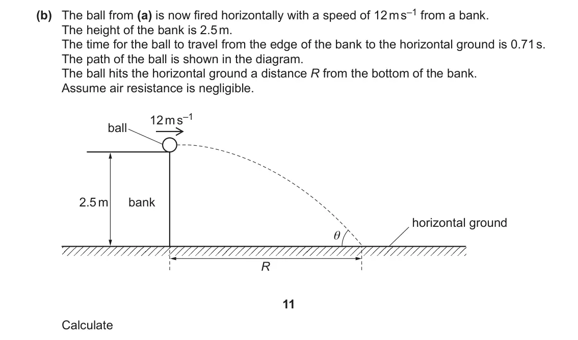June 2022 AS Paper 2, question 4(b)(i): The ball from (a) is now fired horizontally with a speed of 12 m s–1 from a bank. The height of the bank is 2.5 m. The time for the ball to travel from the edge