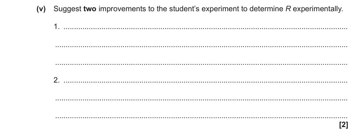 June 2022 AS Paper 2, question 7(c)(v): Suggest two improvements to the student’s experiment to determine R experimentally. 1. 2. [2]