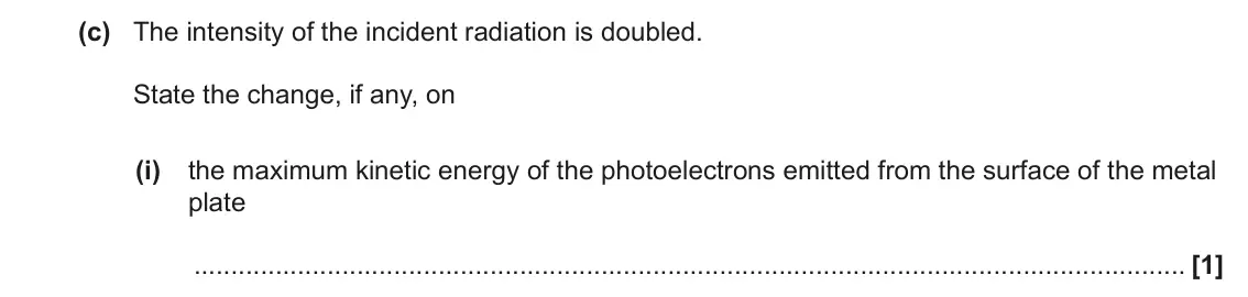 June 2023 AS Paper 2, question 8(c)(i): the maximum kinetic energy of the photoelectrons emitted from the surface of the metal plate [1]